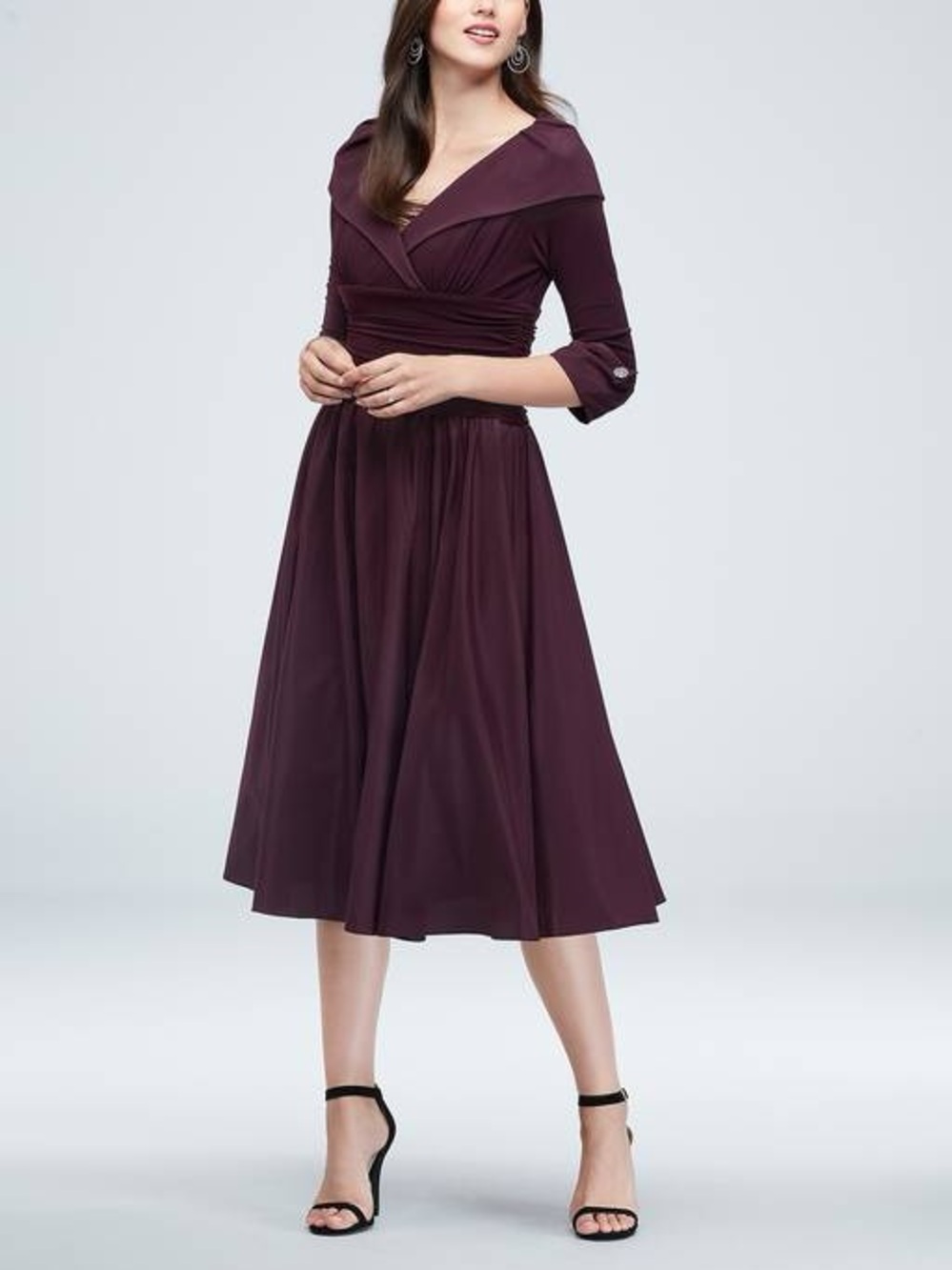 Jersey Taffeta 3/4 Sleeve Portrait Collar Ruched A-Line Midi Dress, Size 6